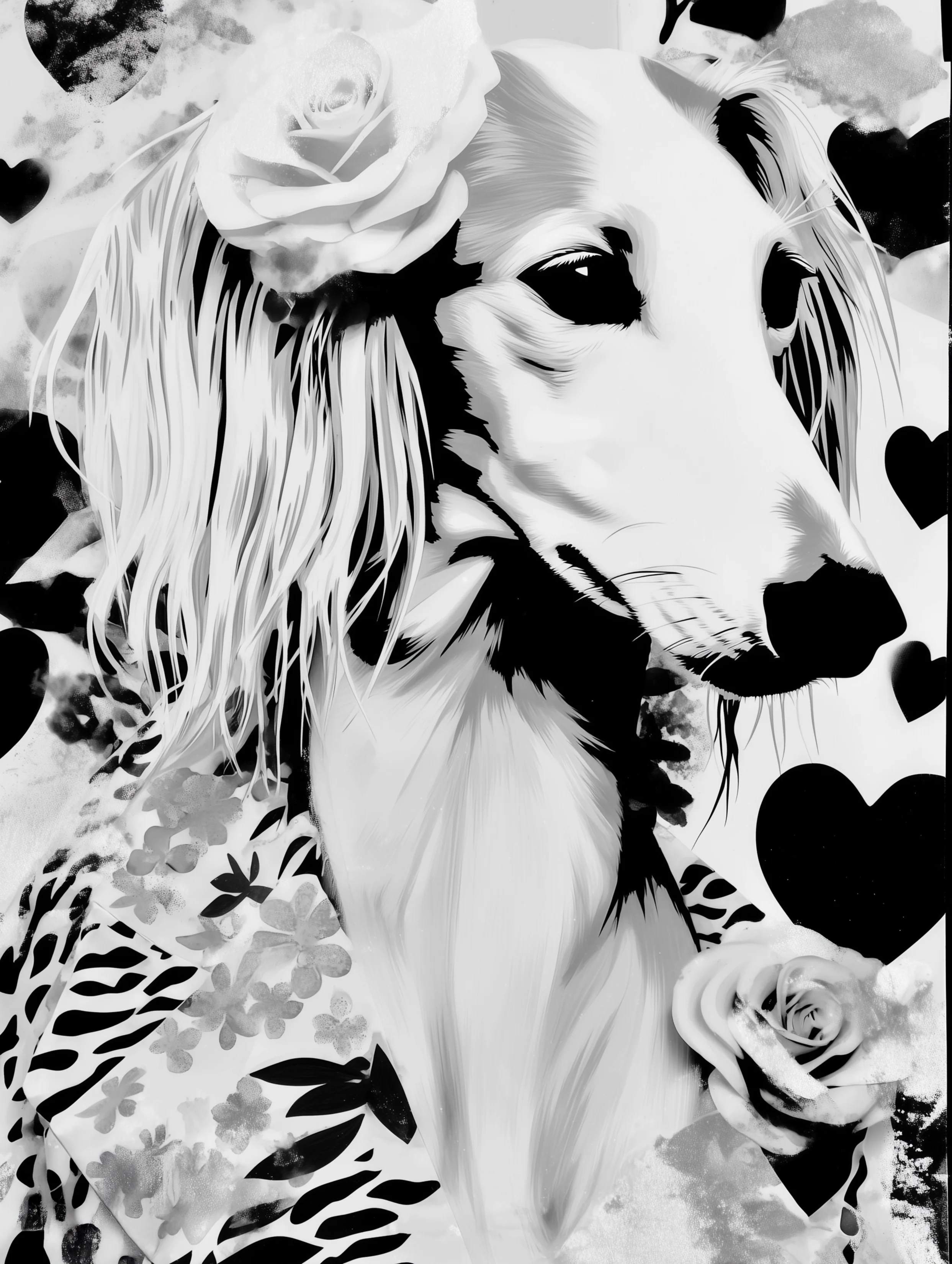 Free printable dog coloring page for adults featuring long hair salukie with roses